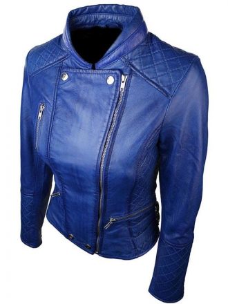 Women's Blue Color Diamond Quilted Biker Jacket