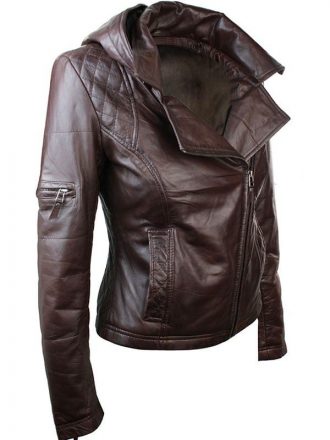 Women's Chocolate Brown Hooded Leather Jacket