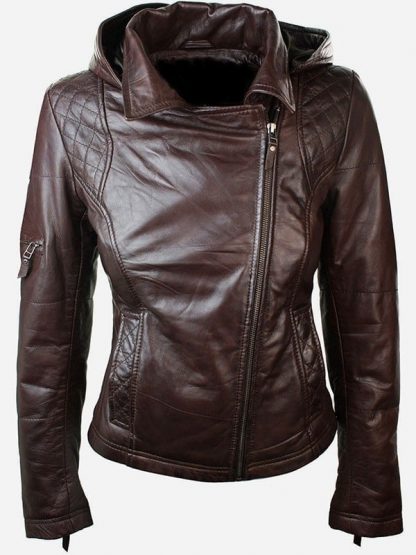 Women's Chocolate Brown Hooded Leather Jacket