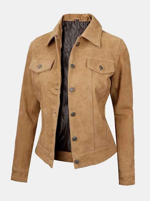Women's Tan Suede Trucker Jacket – Timeless Utility, Soft Finish