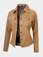 Women's Tan Suede Trucker Jacket – Timeless Utility, Soft Finish