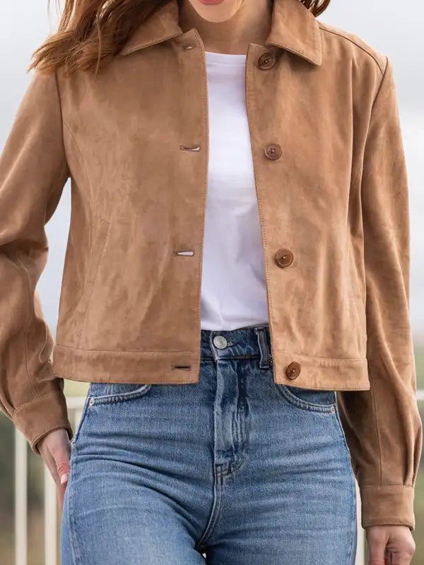 Women's Sand Color Suede Leather Fashion Jacket