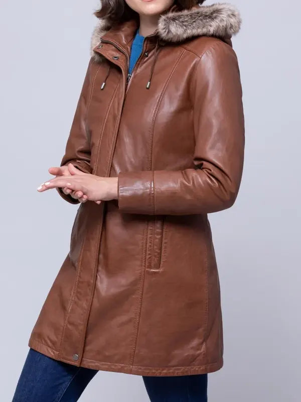 Fur Hooded Leather Coat For Women's