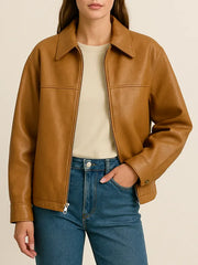 Women's Tan Oversized Leather Jacket