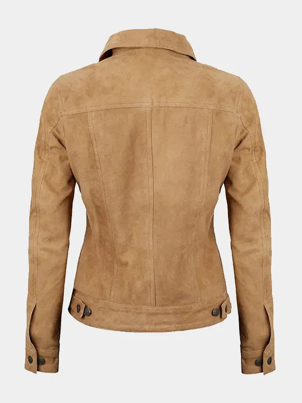 Women's Tan Suede Trucker Jacket – Timeless Utility, Soft Finish
