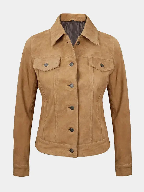Women's Tan Suede Trucker Jacket – Timeless Utility, Soft Finish