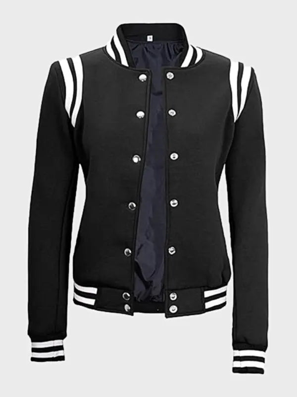 Women's Black Varsity Jacket With White Detailing
