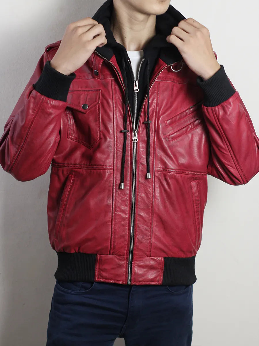 Oaklen Hooded Red Leather Jacket